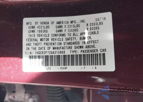 2016 Honda Accord Ex из США, поврежденный, VIN 1HGCR2F72GA215968